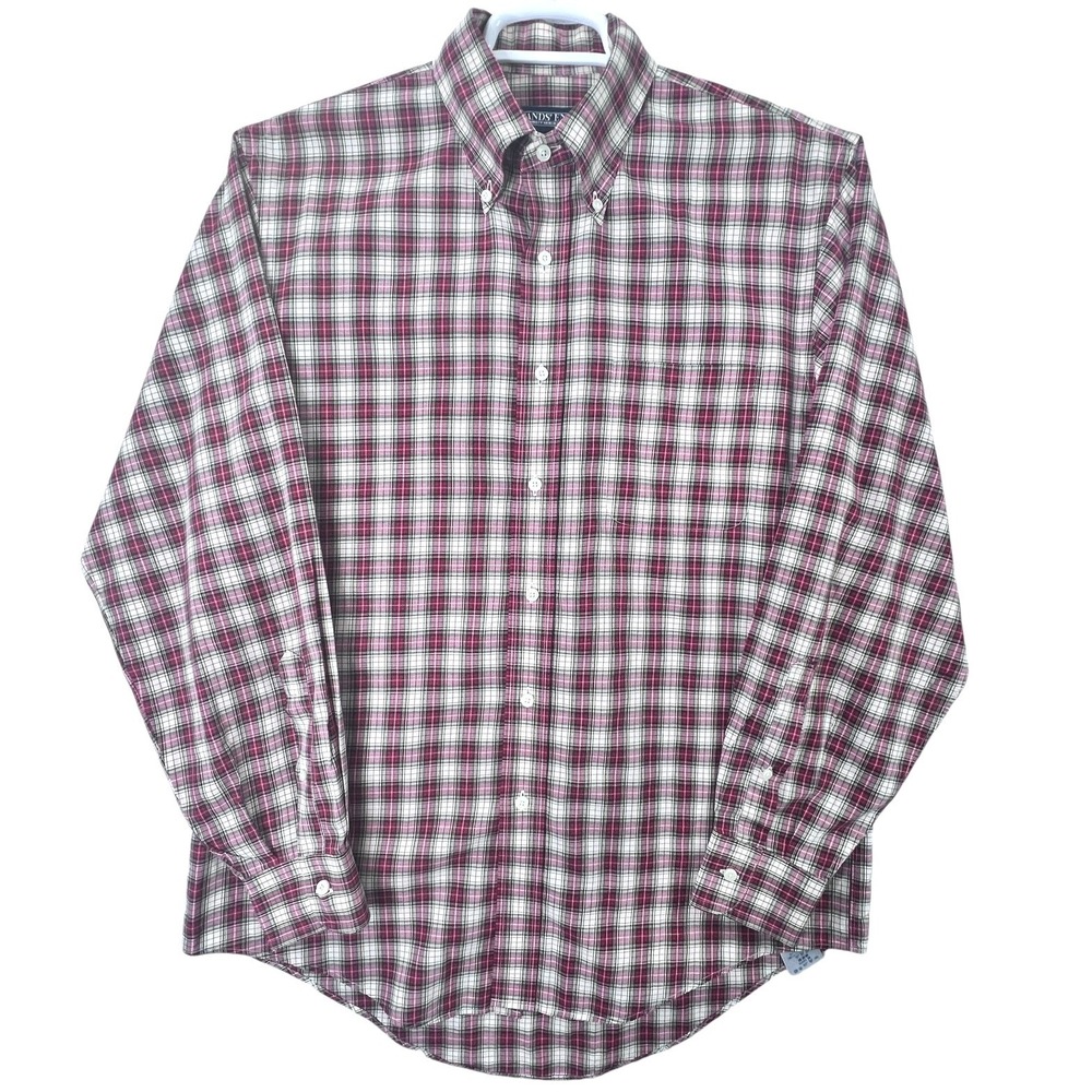 Lands' End‎ Plaid Button Down Shirt Mens 15.5-34 Red White Preppy Classic